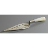 A George V Silver and Mother of Pearl Handled Bookmark in the form of a trowel, Chester 1920, Adie &