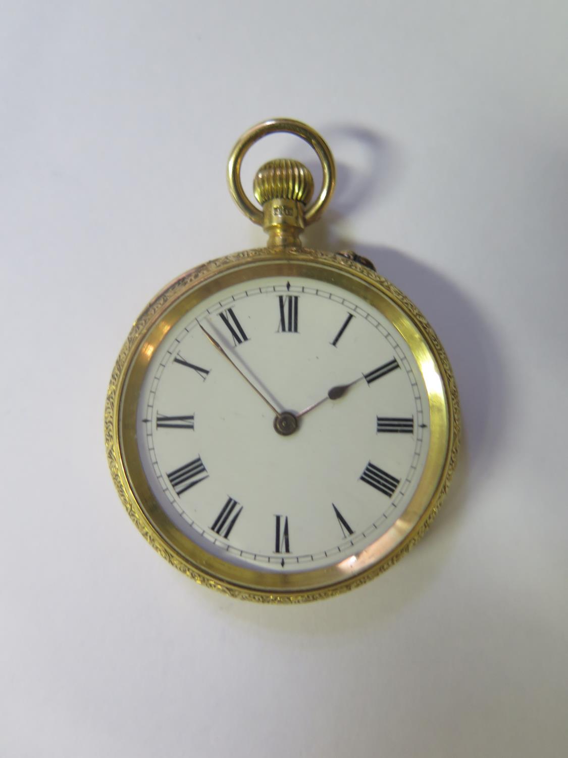 An 18ct Gold Ladies Fob Watch with finely engraved case, Birmingham 1885 (A/F)