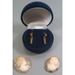 A Pair of 9ct Gold and Diamond Earrings and two small shell cameo brooches