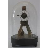 A Small 19th Century Striking Brass Skeleton Clock with enamel dial and under glass dome, 25cm to