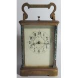 A French Brass and Enamel Repeating Carriage Clock, 18cm to top of handle, running and repeat