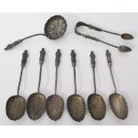 A Victorian Set of Six Silver Coffee Spoons with sugar nips and sifting spoon, Birmingham 1897, 59g