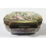 An Eighteenth Century Enamel Snuff Box, the top decorated with seated amours, sides with roses and