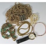 A Pearl necklace with 18ct Gold Clasp, selection of costume jewellery and wristwatch