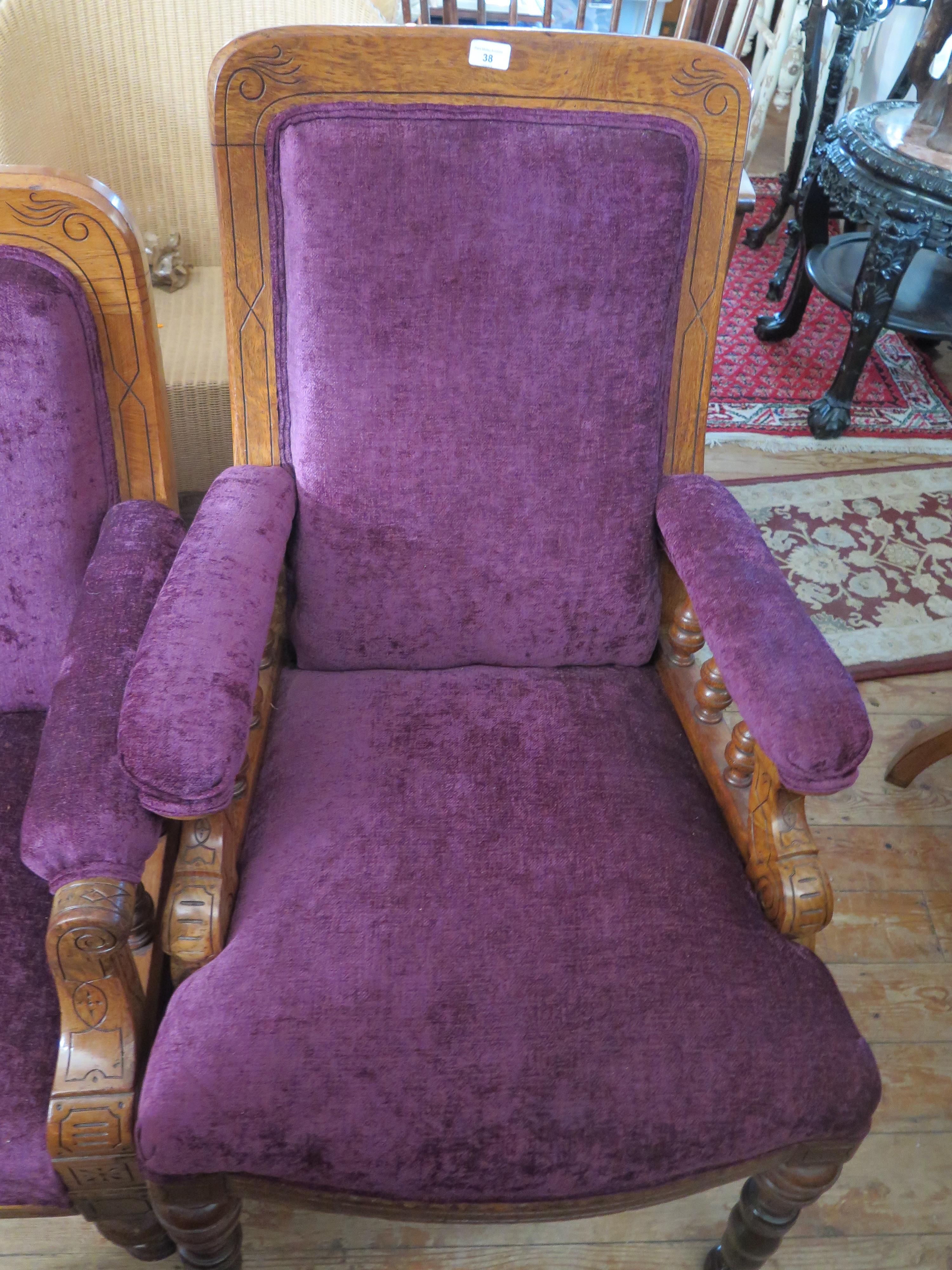 A Victorian Oak Three Piece Salon Suite in new purple plush upholstery and stool (matches previous - Image 4 of 4