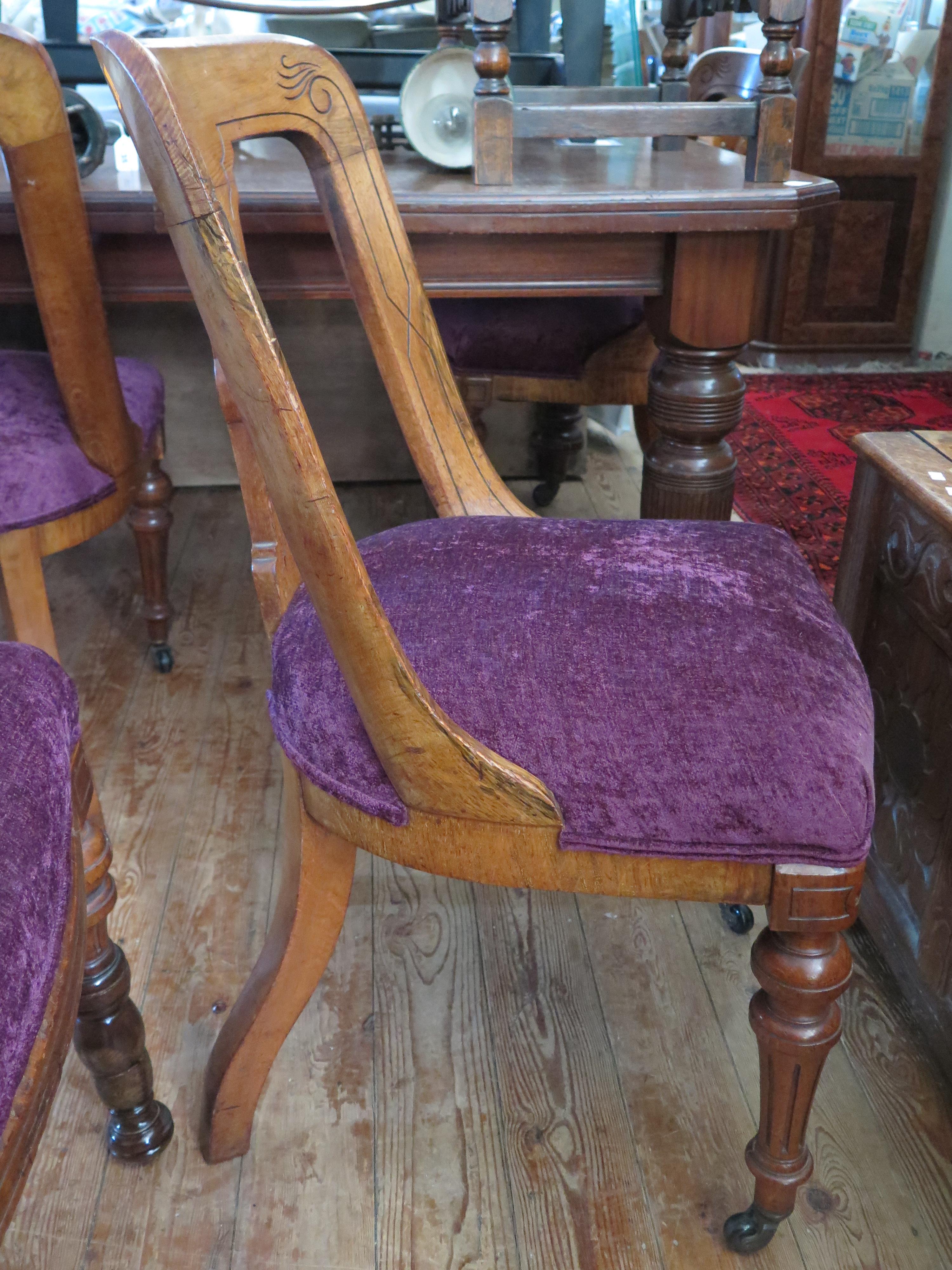 A Set of Six Victorian Oak Dining Chairs with new purple plush upholstery (matching salon suite next - Image 2 of 3