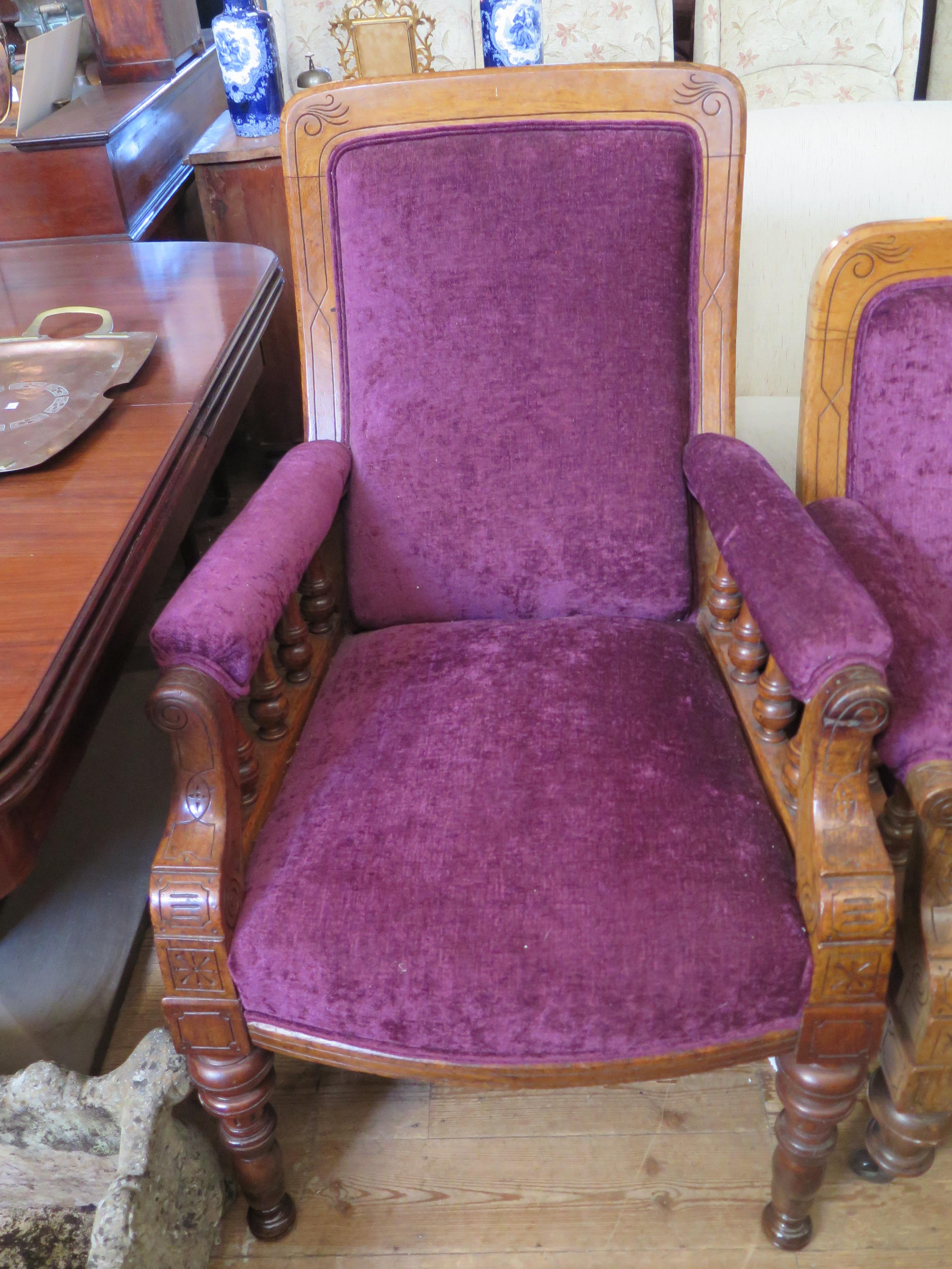 A Victorian Oak Three Piece Salon Suite in new purple plush upholstery and stool (matches previous - Image 2 of 4