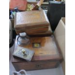 A Victorian Rosewood and Inlaid Box, Boulle blotter, inkwell and two other boxes