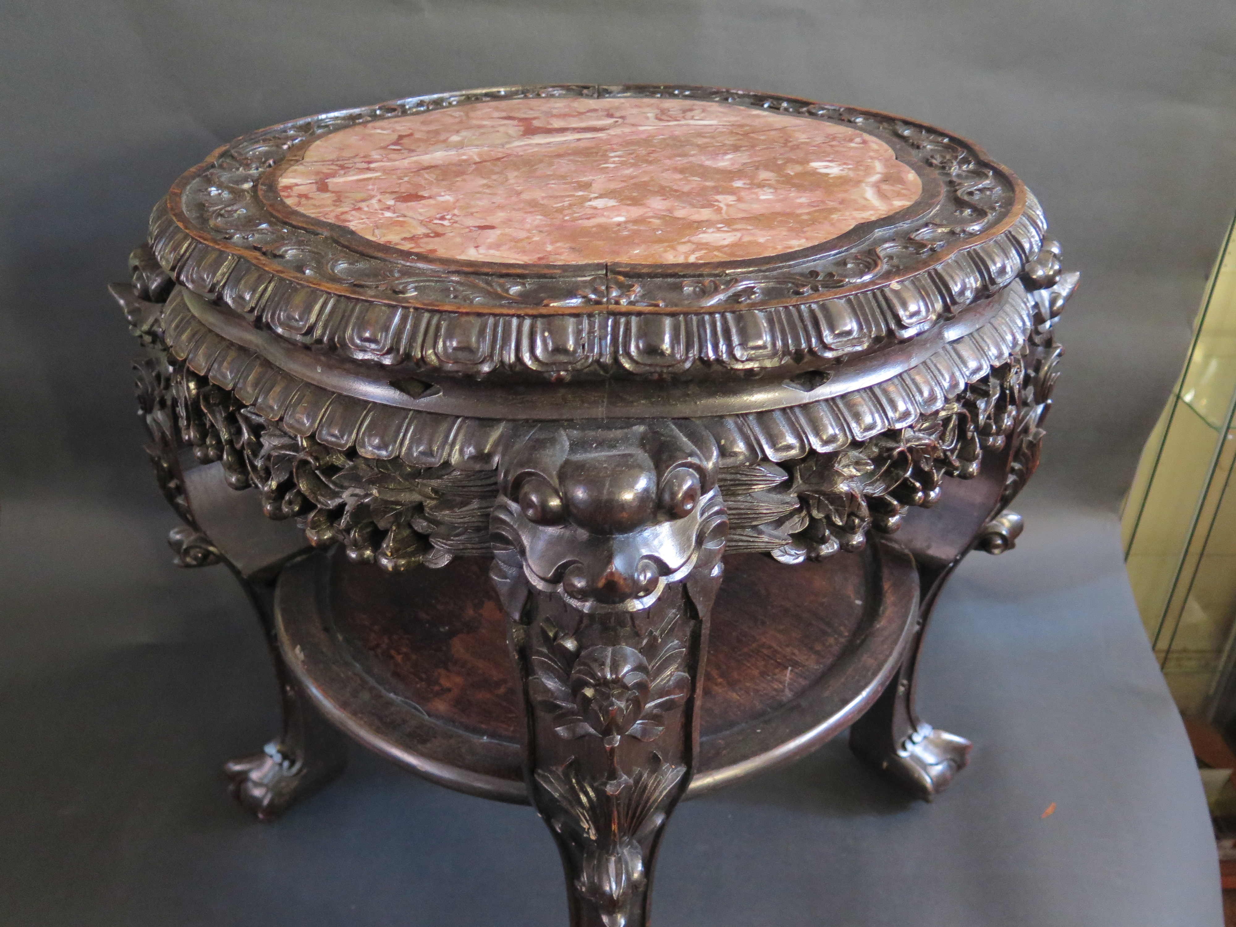 A 19th Century Chinese Carved Rosewood and Marble Top Stand, 58cm(h) x 67cm diam. to carved legs - Image 2 of 3
