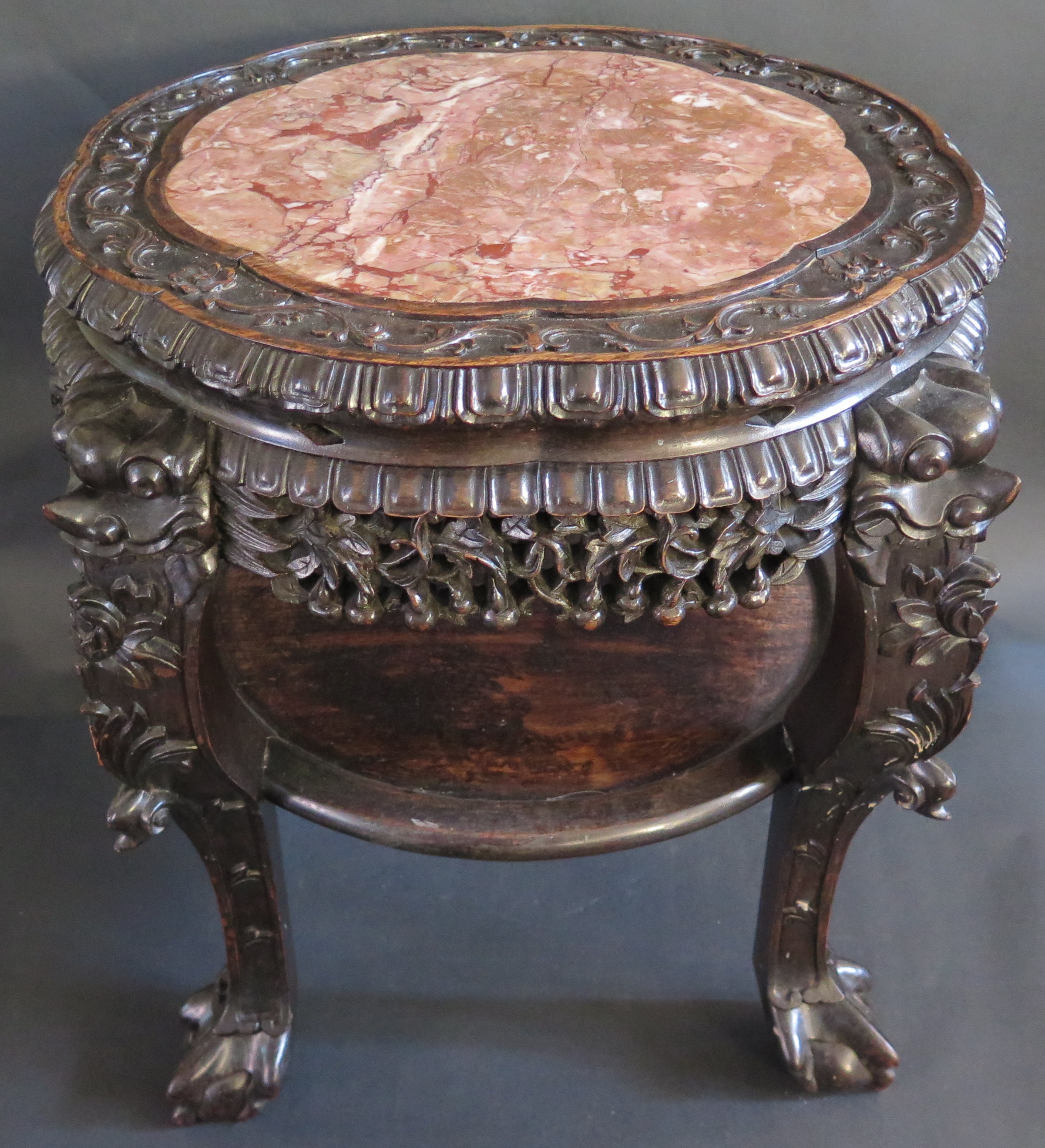 A 19th Century Chinese Carved Rosewood and Marble Top Stand, 58cm(h) x 67cm diam. to carved legs