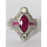 18ct White Gold Ruby and Diamond ring featuring centre, marquise cut Ruby (1.00ct), pinkish red in
