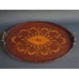 A Victorian Mahogany and Satinwood Two Handled Tray with marquetry decoration, 49cm