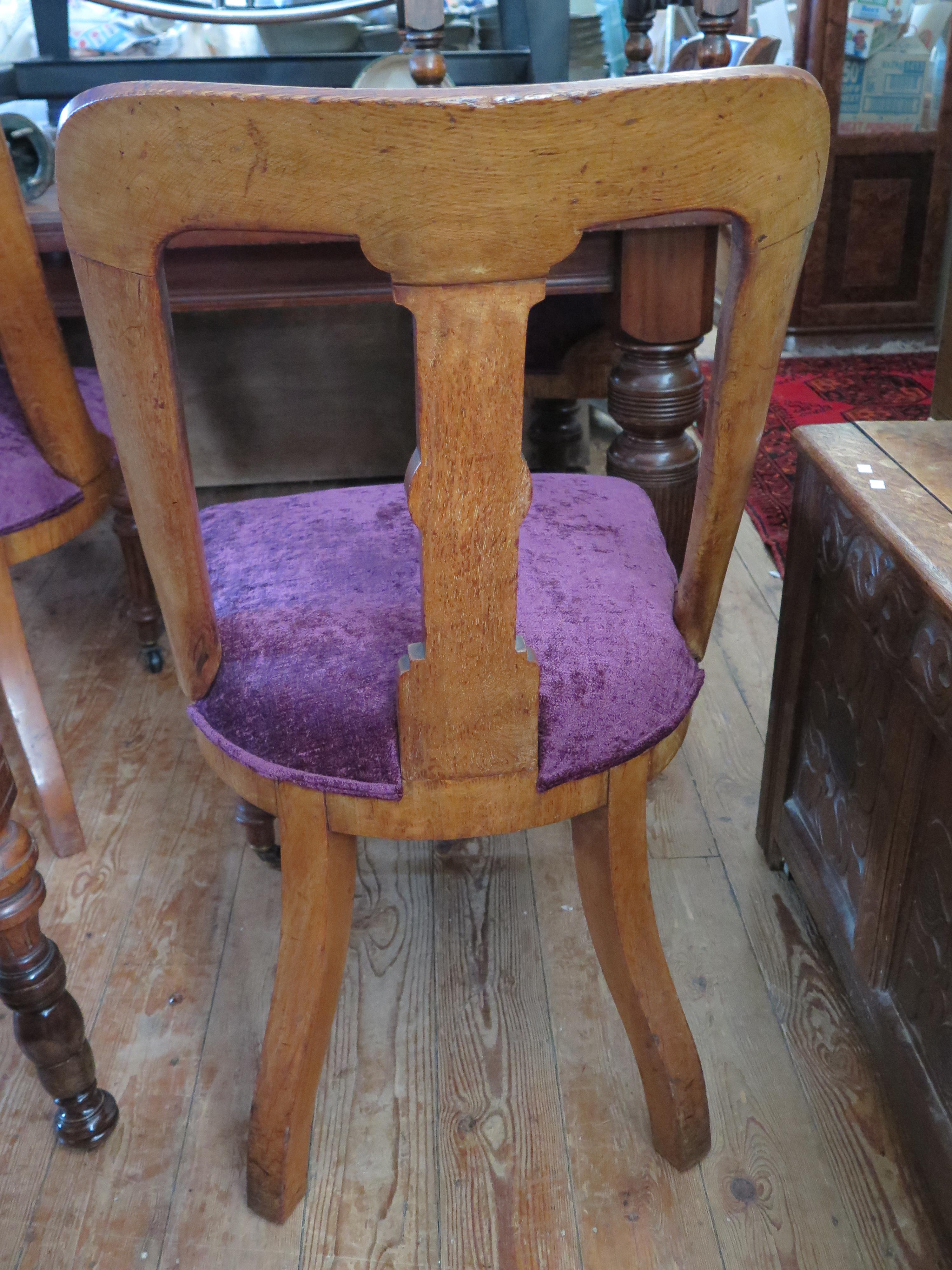 A Set of Six Victorian Oak Dining Chairs with new purple plush upholstery (matching salon suite next - Image 3 of 3