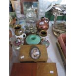 Wooden and Inlaid Boxes, copper lustre jug, glassware, mirror etc.