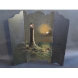 A Victorian Papier Mache Three Fold Screen decorated with a painted lighthouse and inset mother of