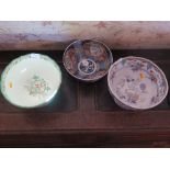 A Damaged Imari Bowl and two Victorian floral decorated bowls