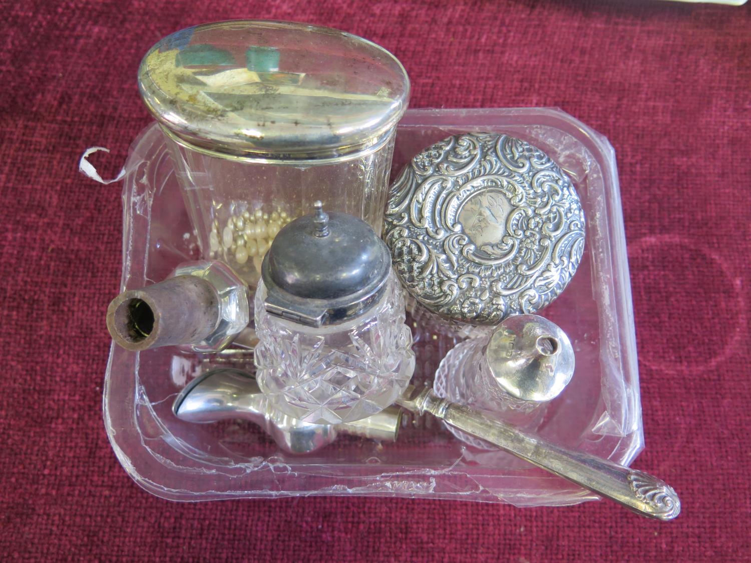 Silver Topped Cut Glass Dressing Table Pots, cruets and pair of silver wine pourers