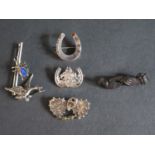 A Collection of Six Victorian and later Silver and other Brooches including treen