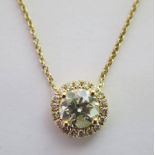 18ct Yellow Gold Diamond necklace featuring, a fixed pendant with centre, round brilliant cut, light