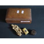 A Victorian Bone Vesta, Tunbridge ware box and Japanese ivory okimono