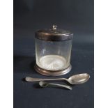 An Edward VII Silver Mounted Conserve Pot Chester 1902, silver teaspoon and plated salt spoon