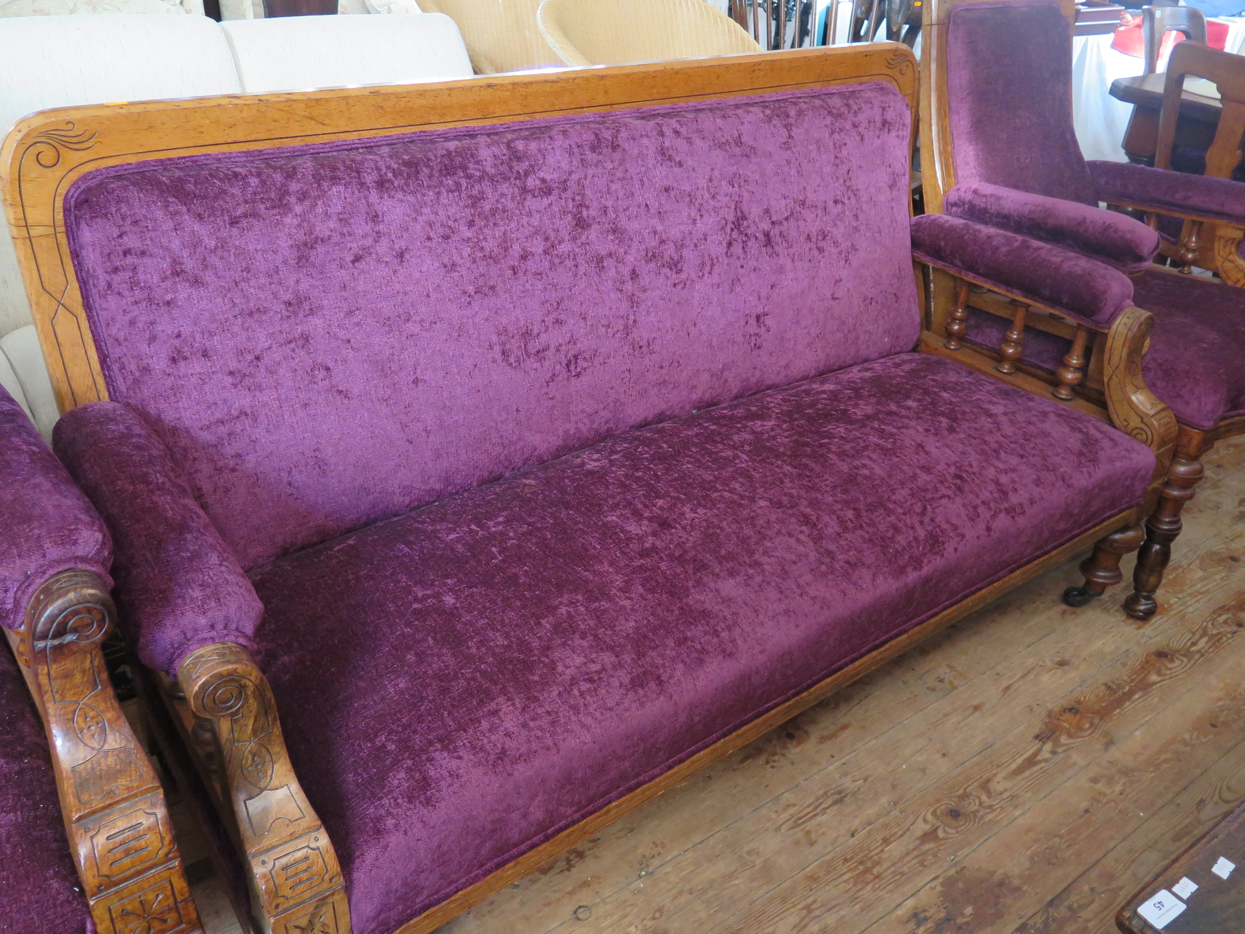 A Victorian Oak Three Piece Salon Suite in new purple plush upholstery and stool (matches previous - Image 3 of 4