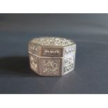 A White Metal Hexagonal Box decorated with birds and foliage, 98g, 6.5cm diam.