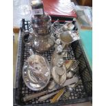 A Selection of Silver Plate including three bottle cruet, helmet shaped jug, cocktail shaker etc