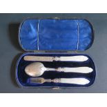 A Victorian Cased Silver and Mother of Pearl Handled Christening Set, Birmingham 1969/70, George