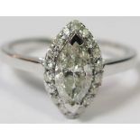 14ct White Gold Diamond ring featuring centre, marquise cut Diamond (0.85ct), claw set, P1 in