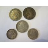 Victorian 1845 and 1887 Silver Crowns, 1887 Double Florin and 1899 Half Crown and 1840 One Rupee