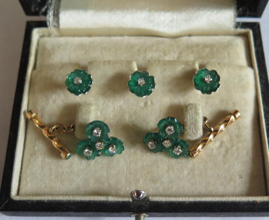 An 18K Yellow Gold Emerald and Diamond Cufflink and Stud Set, 10.8g