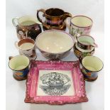 A large 19th century Sunderland pink lustreware mug transfer decorated with a sailing ship entitled