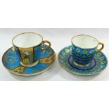 A Minton porcelain cup and saucer with turquoise ground decorated in the manner of Christopher