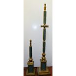 A gilt brass and green laquered standard lamp, and matching table lamp, on square plinth bases,