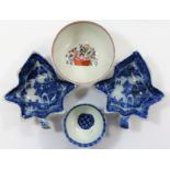 Two 18th century blue and white transfer decorated leaf-shaped pickle dishes, 11.