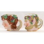 Two 18th century Derby porcelain Bacchus head mugs, of a young Bacchus and a bearded Bacchus,