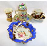 A 19th century Continental porcelain chocolate cup and cover and saucer, cup and cover 15cm high,