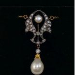 A diamond and cultured pearl openwork pendant necklace,