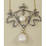 An Edwardian style diamond and cultured pearl openwork pendant necklace,
