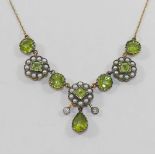 A peridot, diamond and seed pearl necklace,