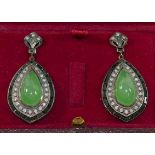 A pair of large jadeite, onyx and diamond drop earrings,