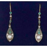 A pair of emerald, diamond and cultured pearl drop earrings,