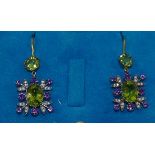 A pair of peridot, amethyst and diamond drop earrings,