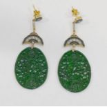 A pair of jadeite, diamond and black enamel drop earrings,