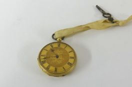 An 18ct antique open face pocket watch with keyless movement, chased back plate and roman numerals