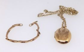 A 9ct gold locket marked GG and S, set on a 9ct gold necklace approx 38.5gms together with a 9ct