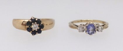 A 9ct tanzanite and diamond three stone ring together with a sapphire and diamond small cluster ring