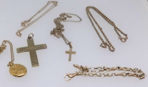 Three 9ct gold necklaces and a 9ct gold cross, a 9ct gold bracelet and a locket on chain approx