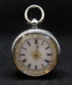 A Victorian silver open face fob watch with key wind movement, diameter 36mm.